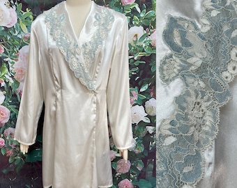 90s Victorias Secret Off White Satin Robe Blue Lace