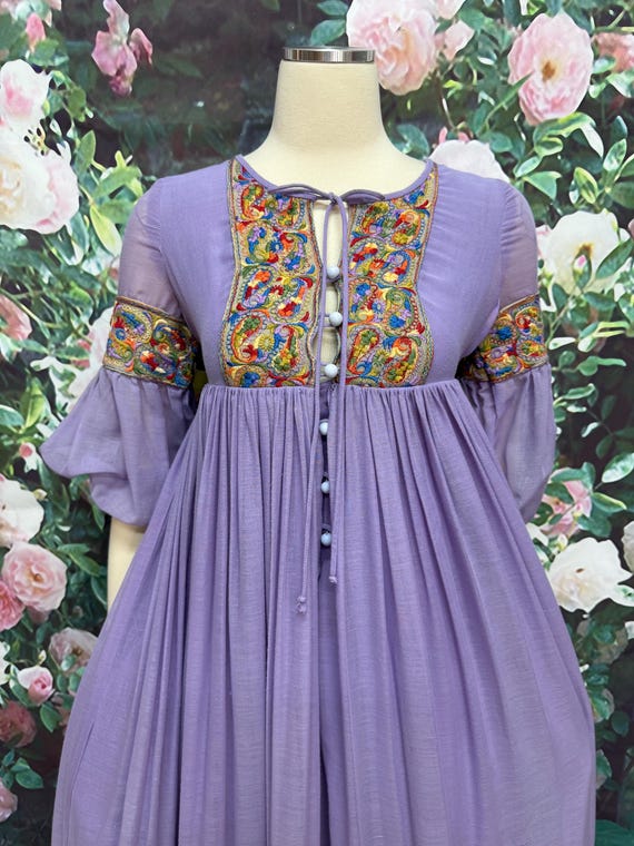 70s Beverly Paige Purple Embroidered Gauze Dress Hippie
