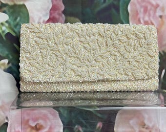 60s Cream Iridescent Sequin Purse Envelope Clutch K Gimbel