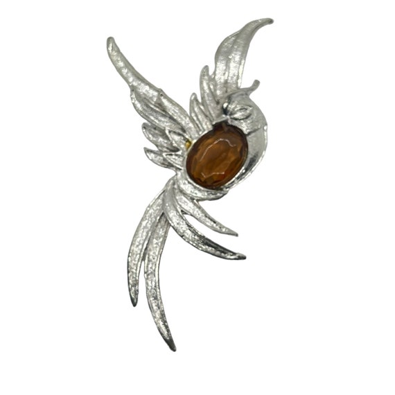 60s Silver Phoenix Bird Brooch Gold Crystal