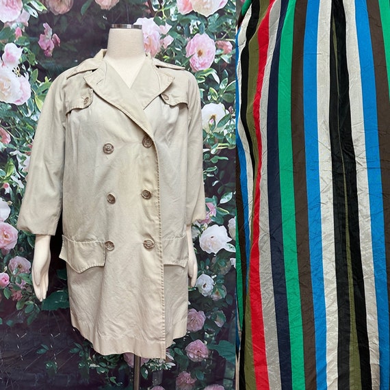 60s Jolee Tan Trench Coat Rainbow Stripe Lining R… - image 1