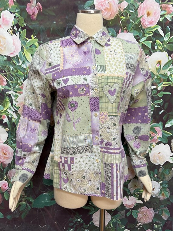 80s Purple Heart Patchwork Button Down Blouse - image 1