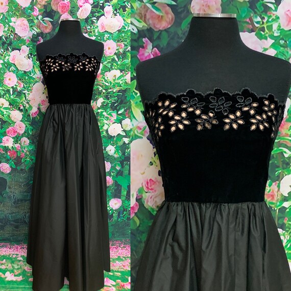 80s Harry Acton Black Velvet Strapless Dress Cutou