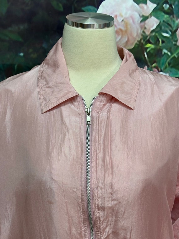 80s Pink Silk Bomber Jacket Zip Front Large - image 2