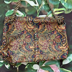 60s Brown Paisley Vinyl Purse AB Rhinestones Zipper Top