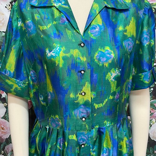 50s Gloria shops Swanson Blue Floral Silk Shirtdress Plus Size Fit Flare