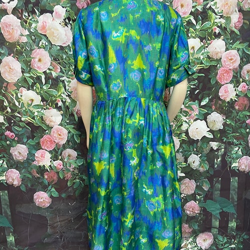 50s Gloria shops Swanson Blue Floral Silk Shirtdress Plus Size Fit Flare