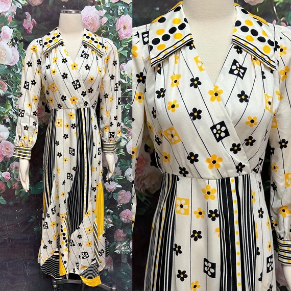 70s Julie Miller White Floral Dress Groovy Print … - image 1