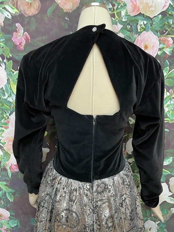 80s Black Velvet Dress Silver Paisley Lame Skirt … - image 9