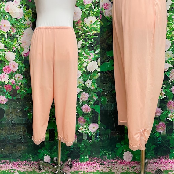 60s Rogers Peach Nylon Cropped Pajama Pants Small Chiffon Trim 