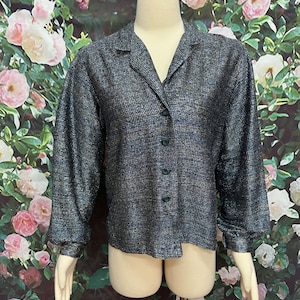 80s Blue Silver Lurex Striped Blouse Large