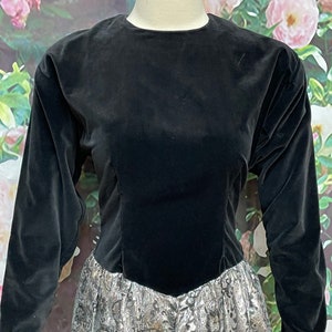 80s Black Velvet Dress Silver Paisley Lame Skirt Keyhole Back image 4