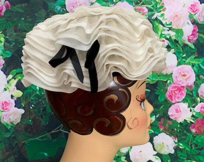 50s Beige Chiffon Ruffled Hat Black Velvet Bow - Etsy