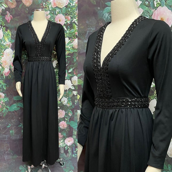 70s Black Maxi Dress Sequin Trim Small Poly Knit