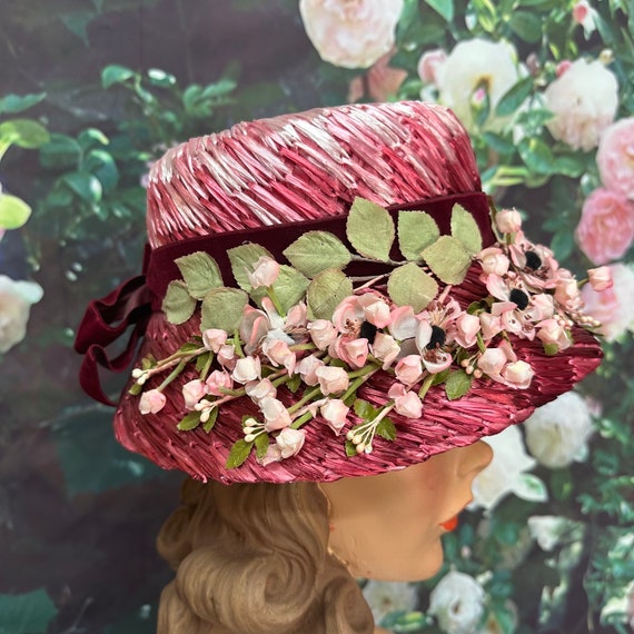 60s Evelyn Varon Pink Straw Bucket Hat Silk Flowe… - image 4