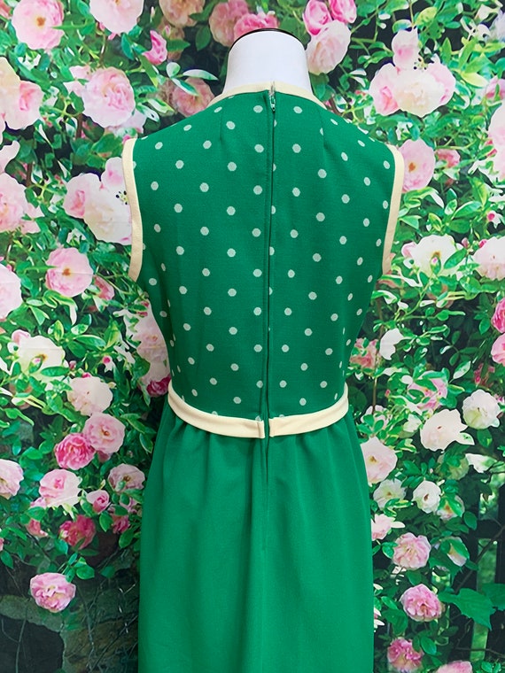 60s Kelly Green Polka Dot Maxi Dress Polyester Kn… - image 9