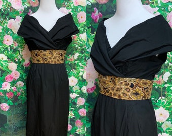 50s Jerry Greenwald Black Sheath Dress Shawl Collar Paisley Print