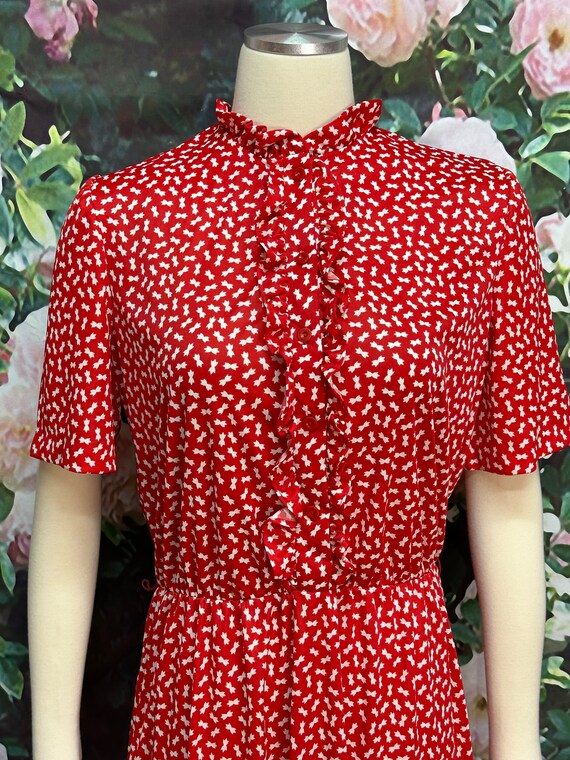 70s Sears Red Secretary Dress Ruffle Front XL - image 3