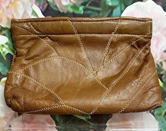 70s Brown Patchwork Leather Clutch Purse Hong Kong
