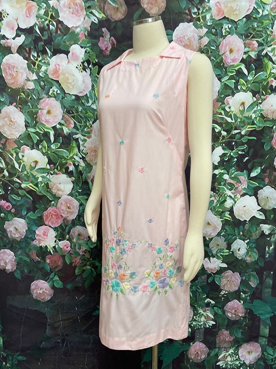 60s Pink Embroidered Pastel Flowers Dress - image 6