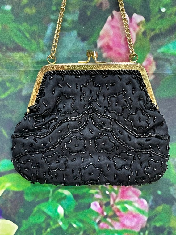 70s Richere Black Satin Beaded Purse Lightweight - image 3