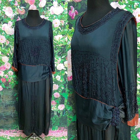 20s Blue Silk Beaded Flapper Dress Peacock