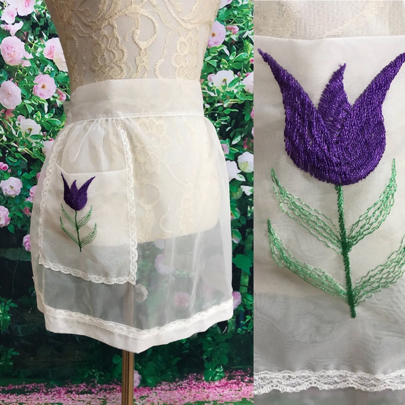 60s Sheer White Chiffon Half Apron Tulip Flower Pocket Hostess