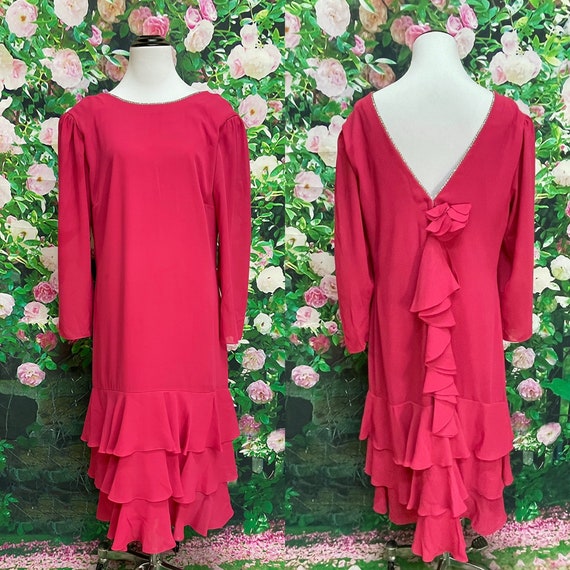 80s Miss Elliette Hot Pink Ruffle Dress Rhineston… - image 1