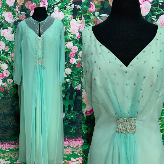 70s Mint Chiffon Evening Gown Rhinestone Studded D