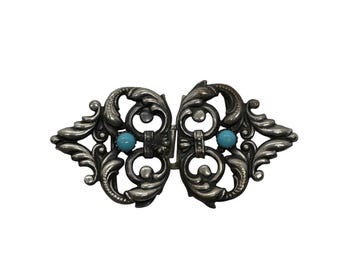 Art Nouveau Silver Scrollwork Buckle Blue Cabochons
