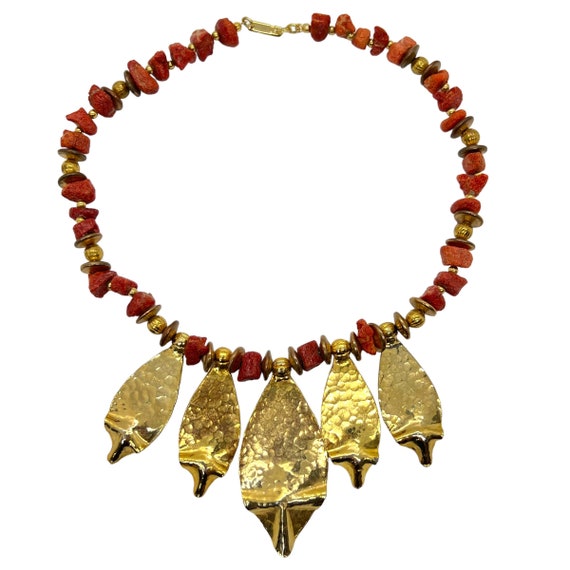 70s Dauplaise Gold Leaf Dangle Necklace Coral Chi… - image 1