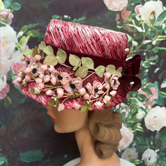 60s Evelyn Varon Pink Straw Bucket Hat Silk Flowe… - image 5
