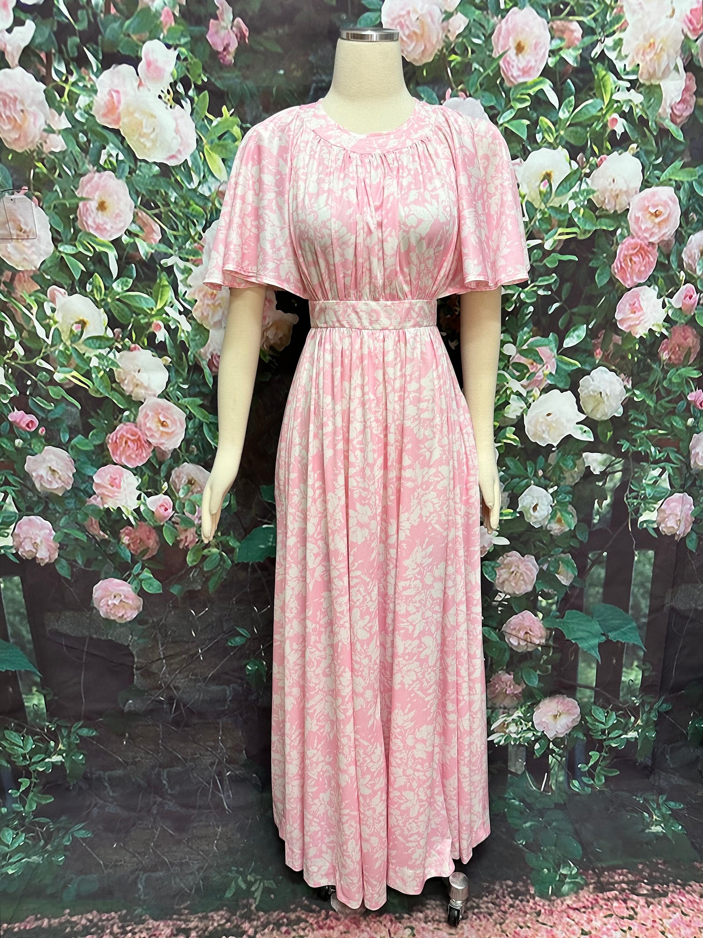 70s Pink Floral Flutter Sleeve Maxi Dress - Etsy