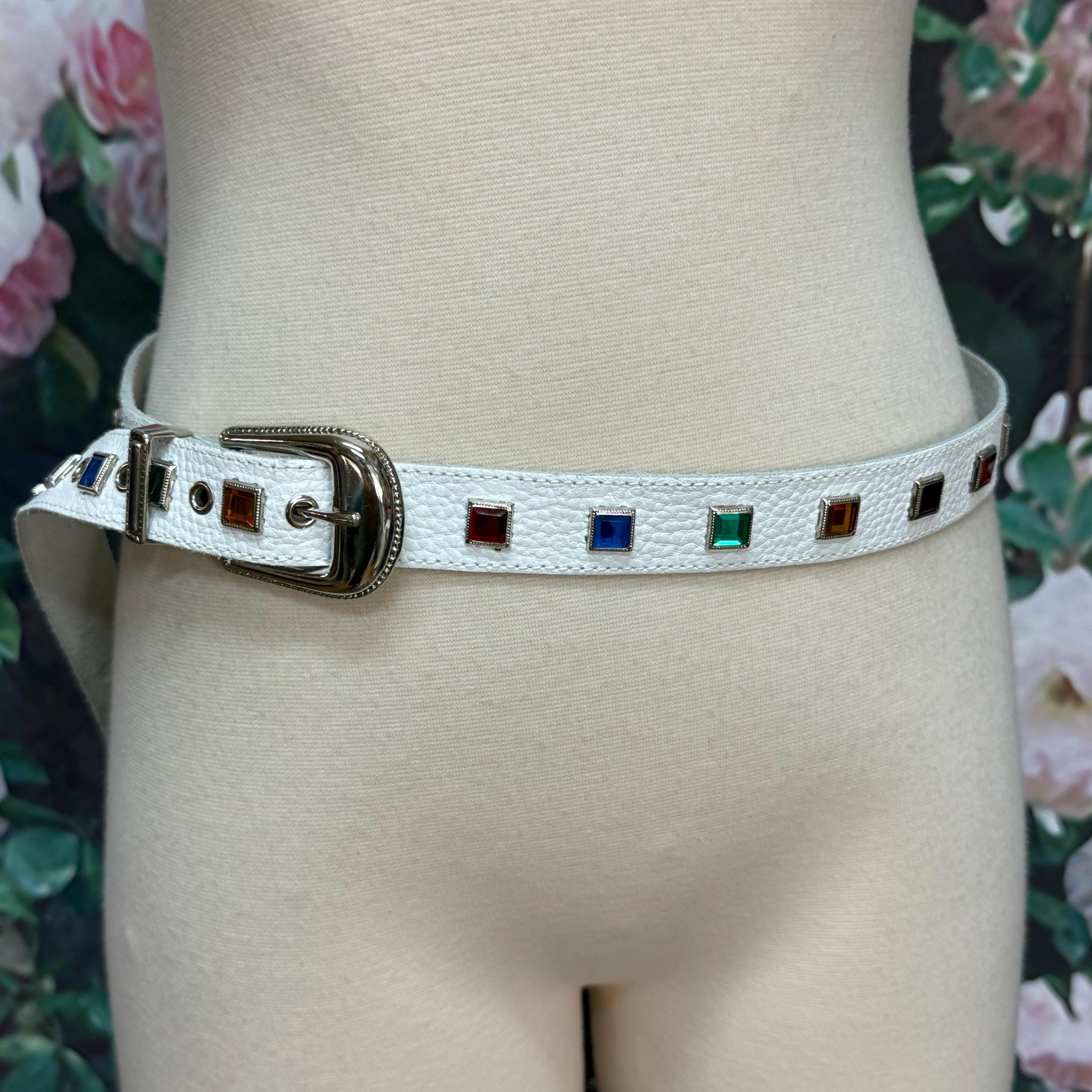80s White Leather Rainbow Jewels Studded Belt - Etsy