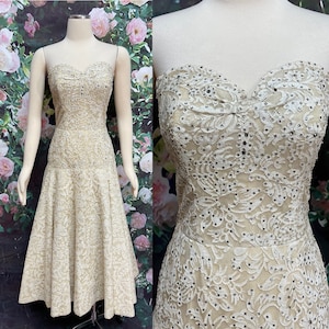 50s French Silk Chantilly Lace Rhinestone Cocktail Dress