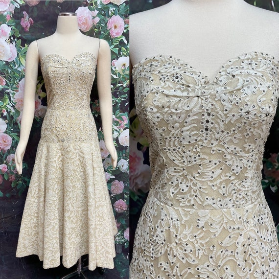 50s French Silk Chantilly Lace Rhinestone Cocktail