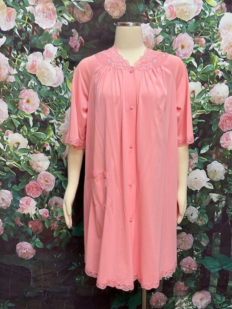 60s Shadowline Rose Pink Peignoir Negligee Nylon Nightgown Small image 2