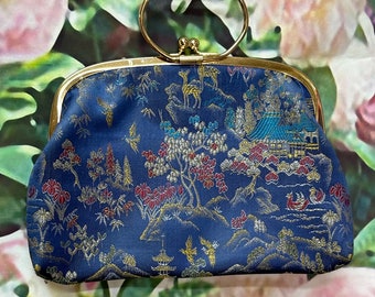 80s Blue Chinese Brocade Purse Landscape Clutch