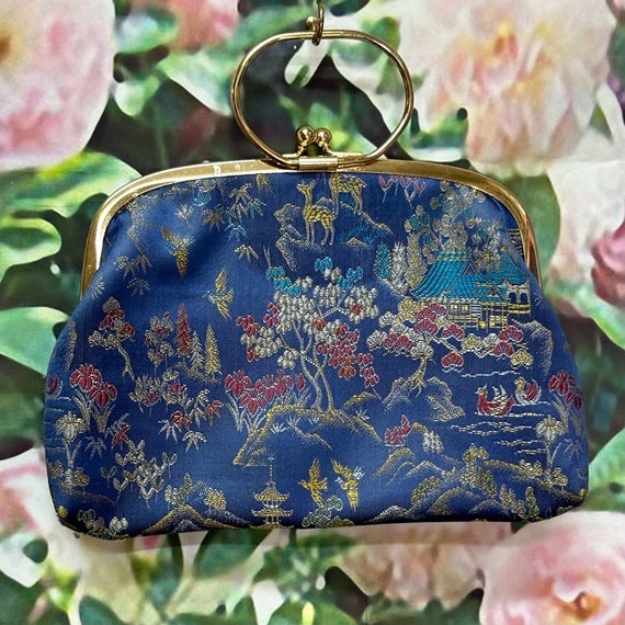 80s Blue Chinese Brocade Purse Landscape Clutch - image 1