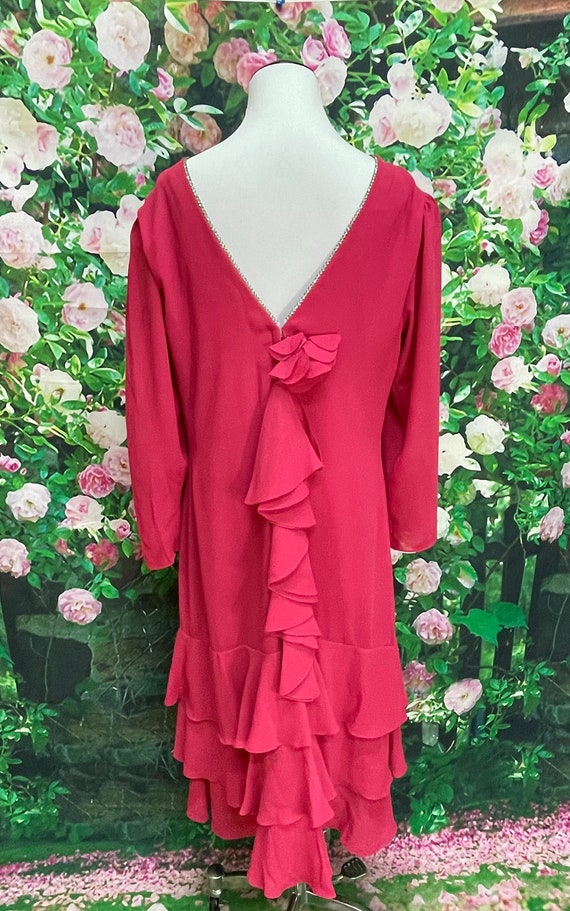 80s Miss Elliette Hot Pink Ruffle Dress Rhineston… - image 9