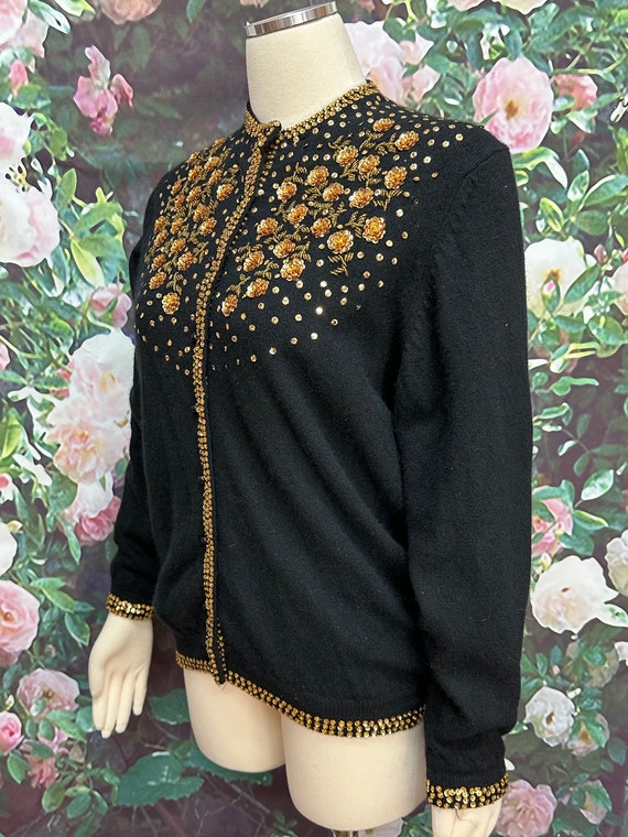 50s Black Wool Cardigan Gold Sequin Flowers Beads - image 5