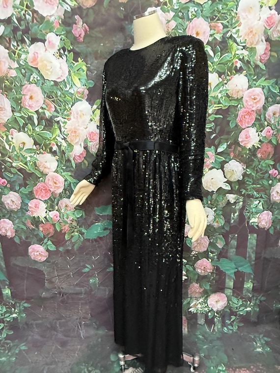 70s Bill Blass Black Sequin Evening Gown - image 7
