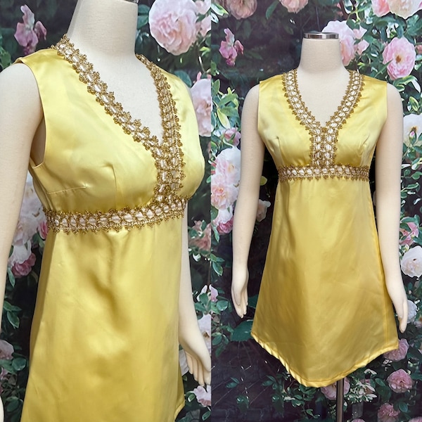 60s Yellow Satin Mini Dress Gold Metallic Trim Small