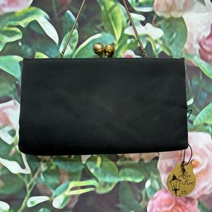 50s After Five Black Satin Evening Purse Gold Ball Closure Deadstock