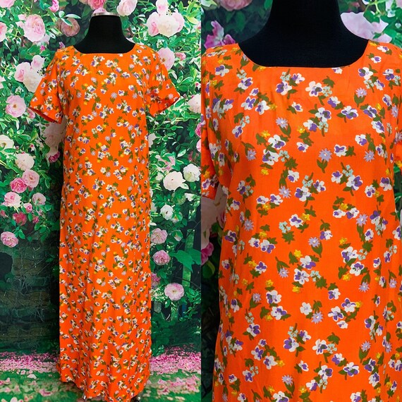 60s Orange Flower Maxi Dress Floral Shift Etsy