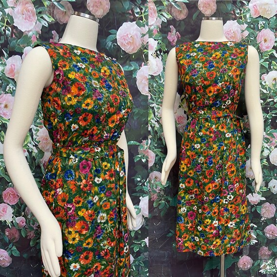 70s Tori Richard Green Floral Sheath Dress Holida… - image 1