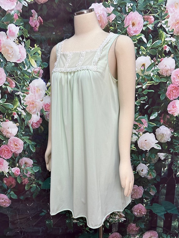 70s Mint Green Swing Nightgown White Lace Medium - image 6