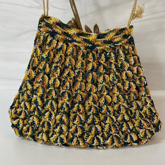 60s Green Yellow Woven Cord Drawstring Purse Knit… - image 4