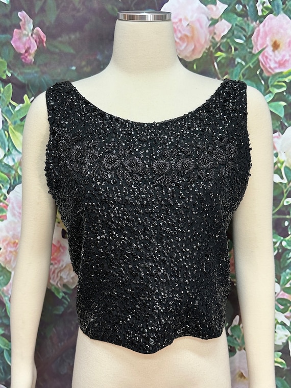60s Black Knit Sequin Shell Floral Beaded Top