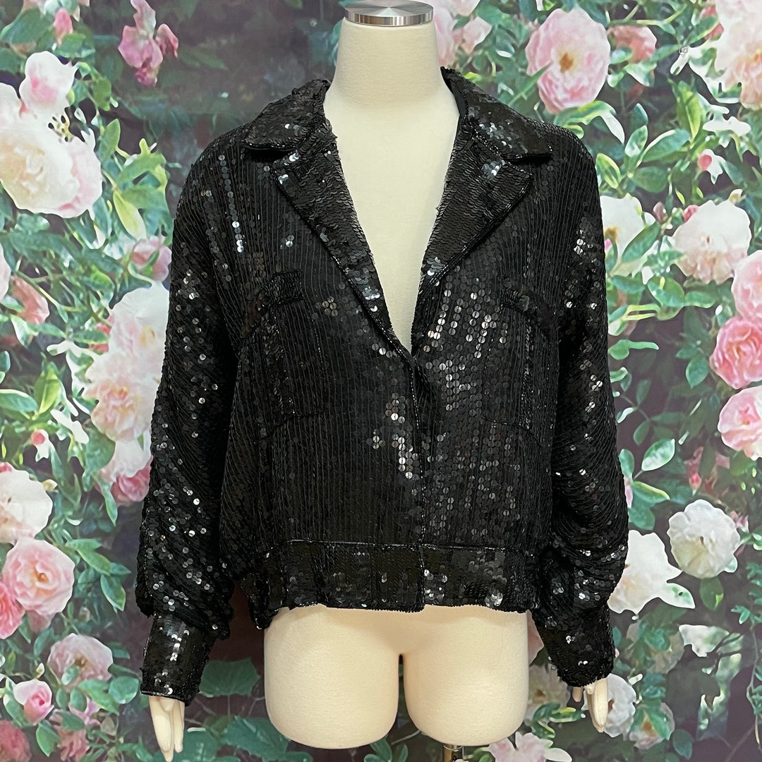 80s Black Sequin Bomber Jacket by Candlelight Etsy